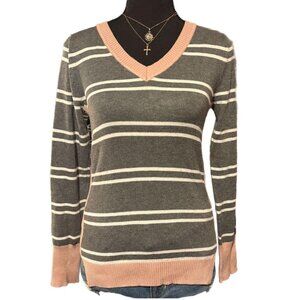 pink & grey striped fitted vneck sweater